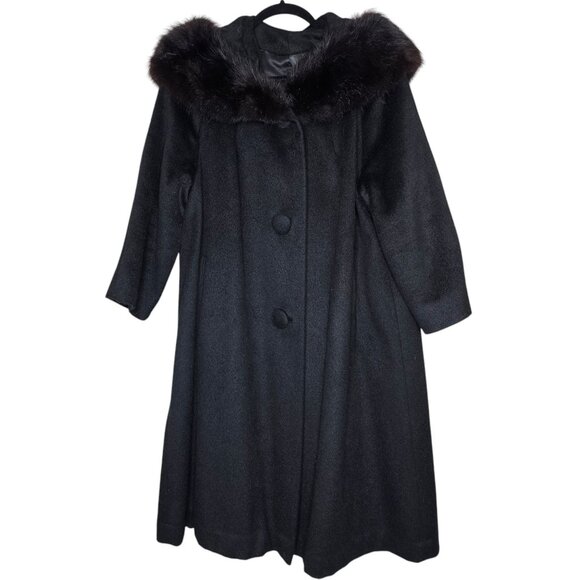 VTG 50s 60s Black L Wool Fur Trim Long Coat Mob Wife Luxury Union Made Old Money